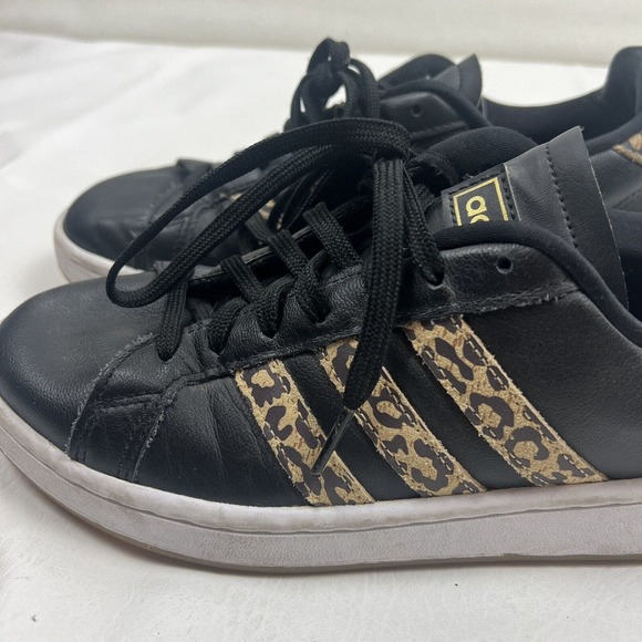 Adidas Shoes Womens 9 Black Leather Cheetah Three Stripe Sneakers Cloudfoam - Picture 6 of 11